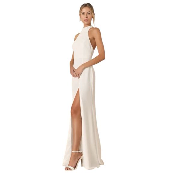 Lulus Captured Your Heart Maxi Dress Womens S White Halter Slit Sexy Event NWT - Picture 1 of 9